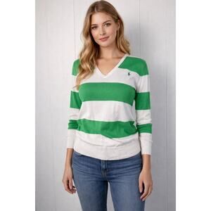 Ralph Lauren Sport Kelly Green/White Cotton Striped V-neck sweater in Size M